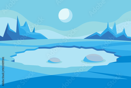 Stylized arctic landscape with ice floes and distant mountains