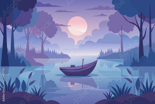 Serene boat on a tranquil lake at sunset with purple hues