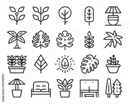 A collection of outline style indoor plant icons featuring nature inspired green hues for digital and print applications isolated on transparent background