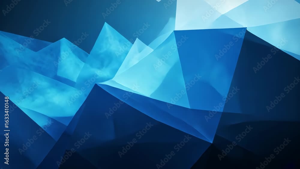 Abstract blue geometric shapes create a dynamic visual composition with depth and light