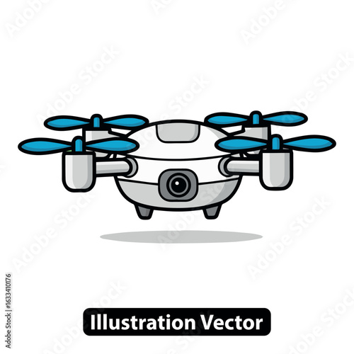 Modern cartoon quadcopter drone with camera for aerial technology and hobby flight concept