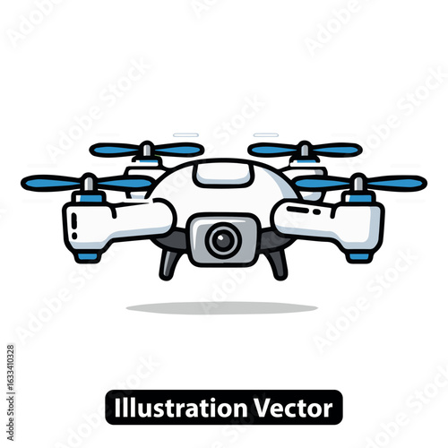 Vector icon of a modern flying quadcopter drone with a camera for surveillance or photography