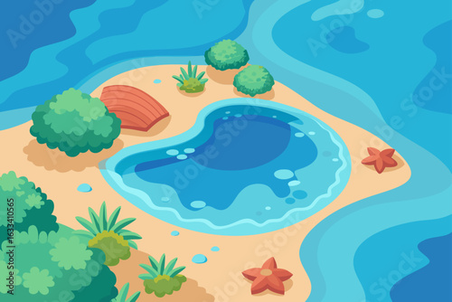 Tropical beach oasis with starfish and lush greenery
