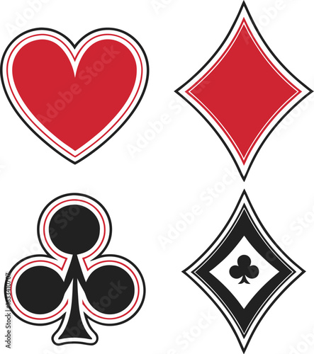 Four Card Suits Heart Diamond Club Spade Depicting Gambling and Games of Chance on White Background