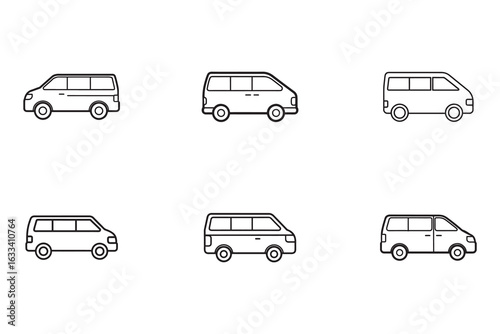 Collection of Minivan Line Art Illustrations for Transportation and Vehicle Design Projects Ideal for Icons and Graphics on White Background