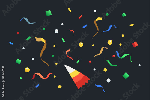 Festive confetti and party popper explosion on dark background