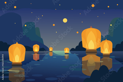 Floating lanterns illuminate a serene night lake