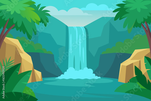 Vibrant jungle waterfall scene with lush greenery and turquoise water