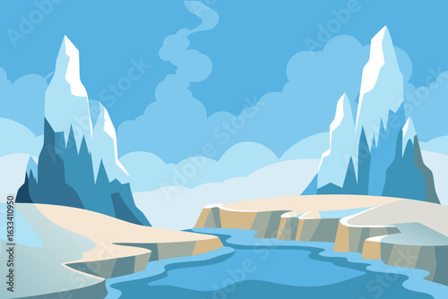 Stylized arctic landscape with jagged ice peaks and flowing water