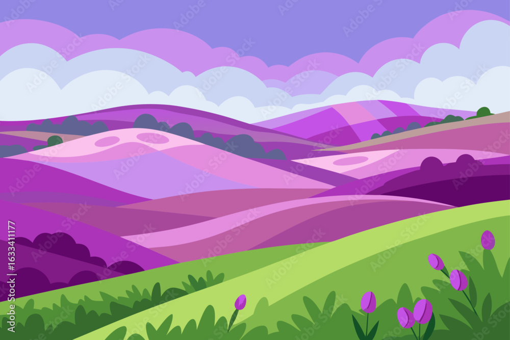 Fototapeta premium Vibrant purple hills and green fields with tulips