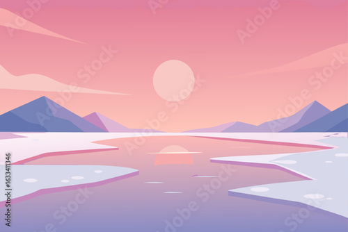 Serene arctic landscape with pastel sunset and ice formations