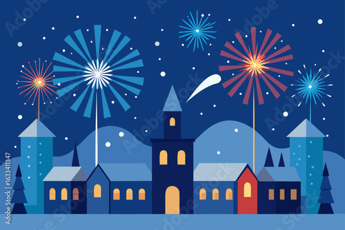 Festive fireworks display over a charming village at night