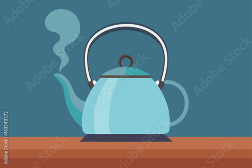 Blue kettle emitting steam on a wooden surface