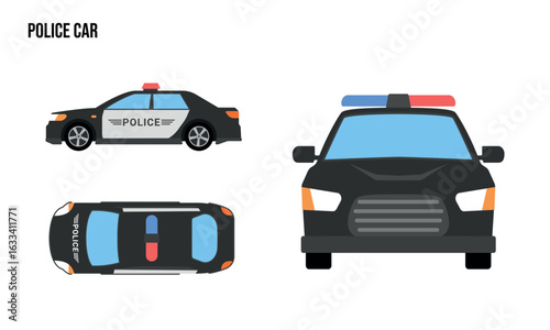 Police Car Flat design illustration, Public Vehicles , top view, side view, front view, isolated by white background