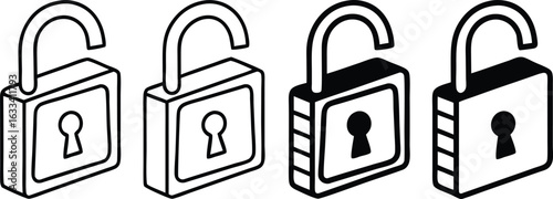 Four Open Padlocks Security and Freedom Concepts in Black and White Outline Style Illustration Vector Graphic Isolated on White Background