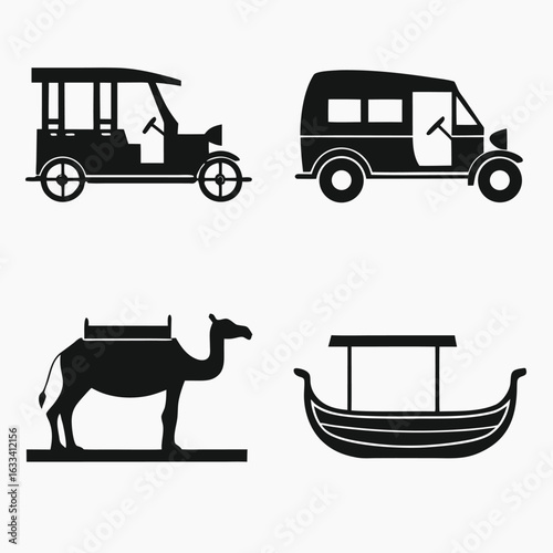 Vintage auto rickshaw camel and boat icons transportation