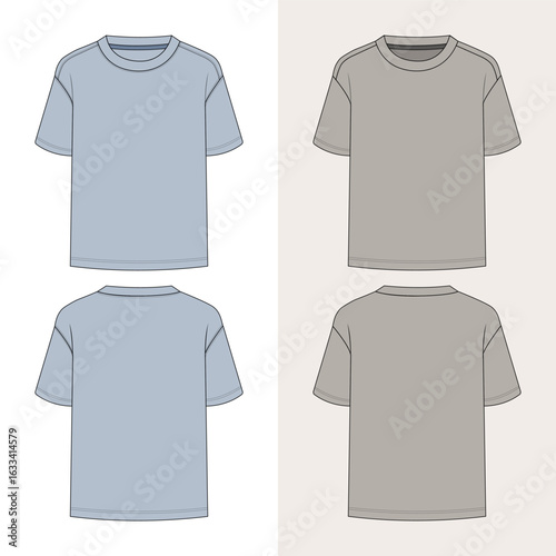 tee-flat-sketch-template-technical-fashion-boys-sweatshirt, shoulder drop T-shirts design in flat, Front and back views of two unisex T-shirts designed in flat