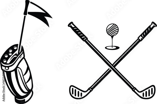 Golfing equipment illustration featuring golf bag clubs and ball showcasing golfing lifestyle and sportsmanship in black and white design