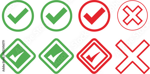 Green check mark symbols and red cross signs for correct or incorrect choice confirmation and validation system