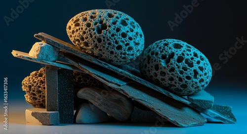 Abstract still life composition of porous spheres and driftwood with dramatic lighting