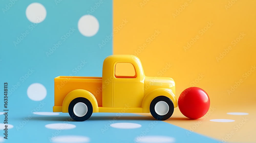Naklejka premium Charming yellow toy truck ready for play on polka dot backdrop perfect for children's designs or playful marketing concepts