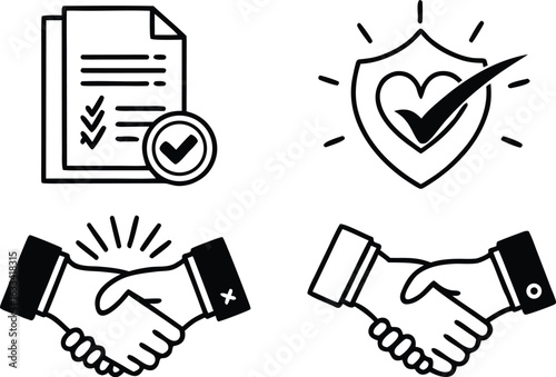 Icons representing deal closing insurance approval and partnership agreement symbols for successful collaborations in black and white line art style