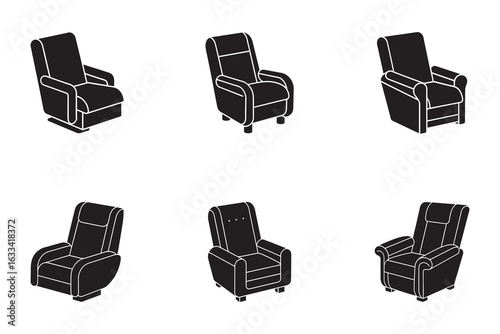 Collection of Six Unique Recliner Chair Silhouette Vector Designs for Interior Design Projects and Furniture Catalogs offering Comfort and Style