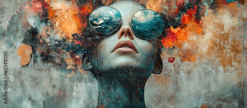 A woman's face with sky reflections in her round sunglasses against a colorful abstract background