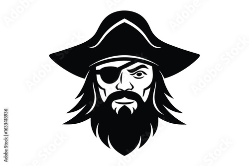 Black and White Illustration of a Pirate with a Hat, Beard, and Eyepatch
