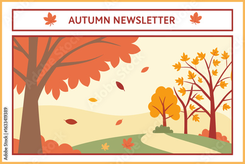 Charming autumn newsletter header featuring stylized trees and falling leaves in a warm color palette evoking the fall season