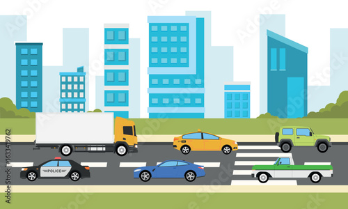 2D Traffic city with building view landscape, flat design illustration background, side view,  more car and train