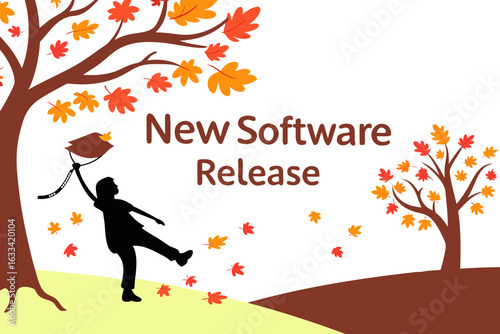 A person in silhouette playfully catches falling autumn leaves under a tree announcing a new software release with cheerful seasonal imagery