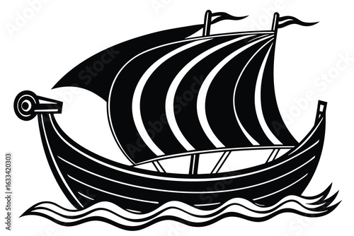 Black and White Illustration of a Viking Ship Sailing on Wavy Water with Flags