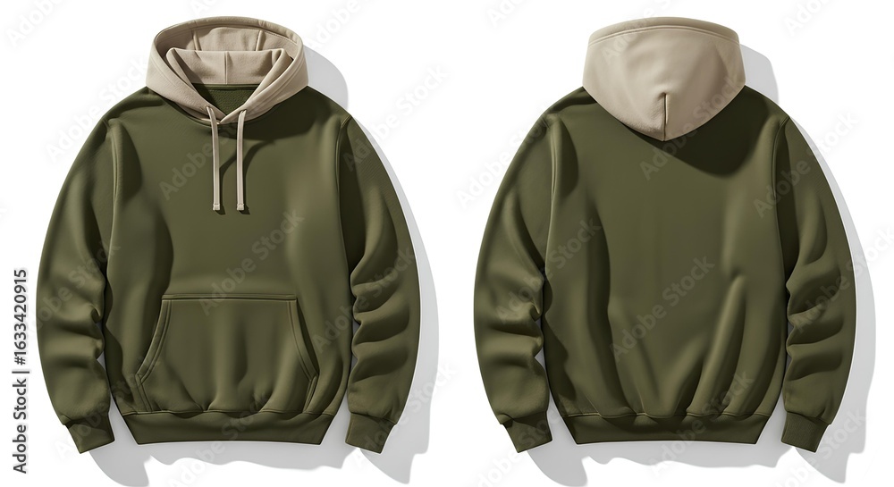 Naklejka premium Olive green hoodie with a beige hood, front and back view. Vector mockup template for apparel design and fashion branding.