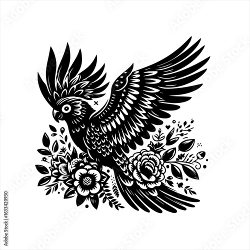 A cockatoo with floral elements