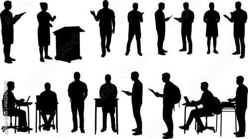 Editable vector silhouettes of adult students and a teacher in a classroom with all elements as separate objects
