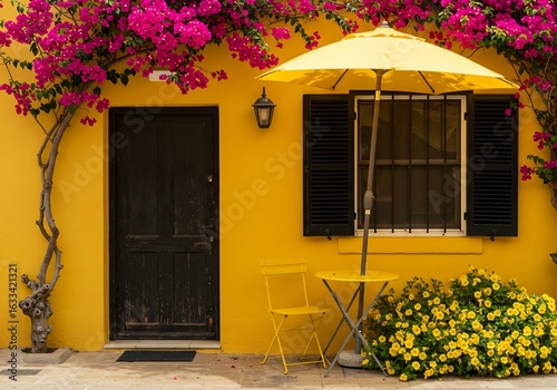 A quaint, colorful home exterior with a striking yellow wall, black shutters, and bright flowers