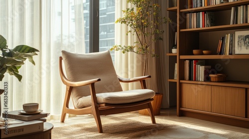 Modern armchair in sunlit living room