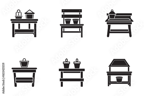 Collection of Tabletop Displays and Furnishings Represented as Simple Black Silhouettes for Graphic Design Projects