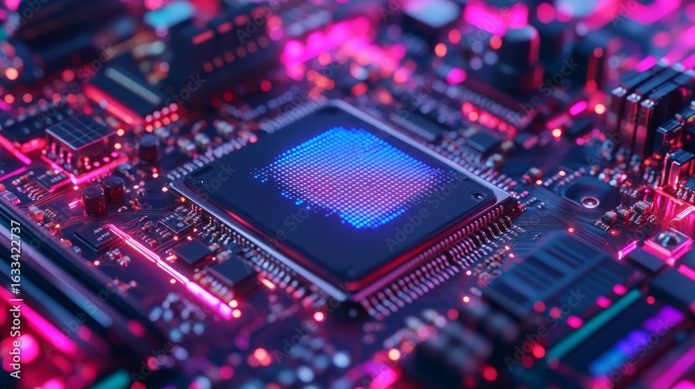Macro close-up of computer processor and graphic card hardware with neon led lights, high-tech electronic circuit board storing memory showcasing futuristic generative ai technology Macro close-up of computer processor and graphic card hardware with neon led lights, high-tech electronic circuit board storing memory showcasing futuristic generative ai technology