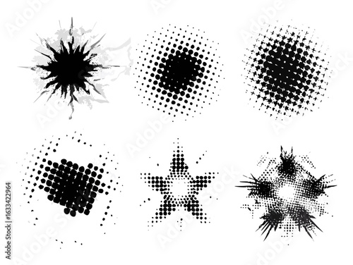 Wallpaper Mural Halftone burst element set. Pop art dotted explosion blast collection. Black light star glow with grunge texture effect. Abstract retro shine star flare for banner poster. Vector pixelated splash pack Torontodigital.ca