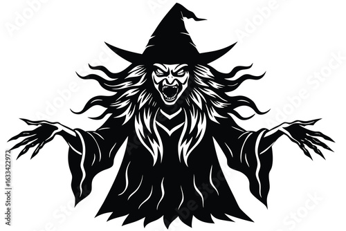Black and White of an Angry Witch with a Pointed Hat and Long Hair