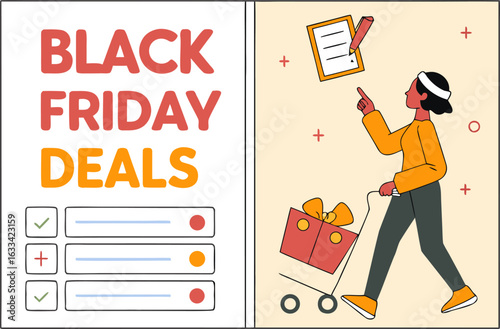 Black friday deals a shopper plans their purchases with a checklist and a shopping cart filled with gifts ready for the big sale event