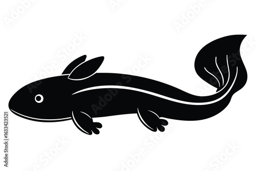 Black and White of Cartoon Axolotl with External Gills and Fin Tail