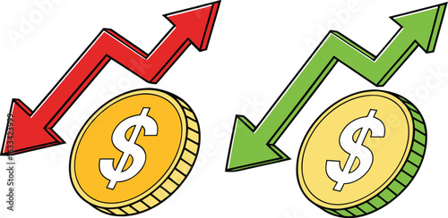 Market trends represented by ascending and descending arrow over coins indicating investment success and failure finance concept