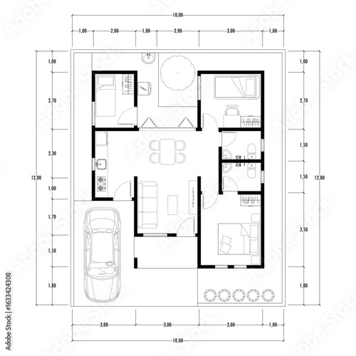 Black and White floor plan of a modern unfurnished house for your design. Suburban house vector blueprint. Architectural background.