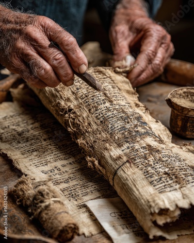 Aged hands meticulously study ancient papyrus scroll