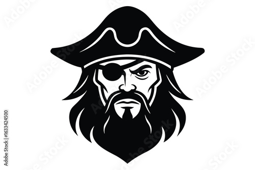 Black and White Pirate Head with Eyepatch and Tricorne Hat Illustration
