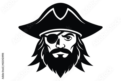Black and White Pirate Portrait with Eye Patch, Hat, Beard, and Mustache Illustration