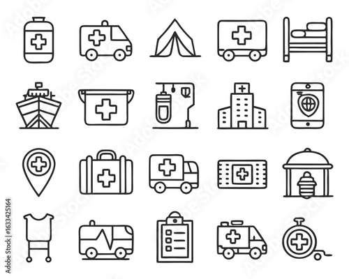 Collection of line style icons depicting mobile clinics healthcare services and outreach medical programs isolated on transparent background